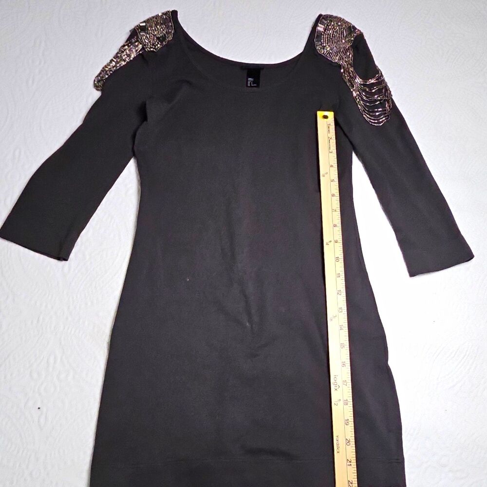 Y2K Black Mini Dress Size S Beaded Shoulder Epaulets Embellished Bodycon